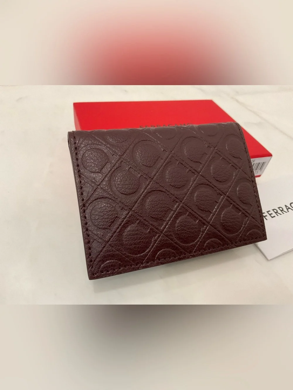 NEW Salvatore Ferragamo Gancini Embossed Gusseted Credit Card Wallet - BURGUNDY